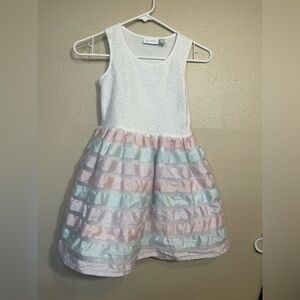 Kids Sleeveless White and Pastel Striped Dress 7/8
